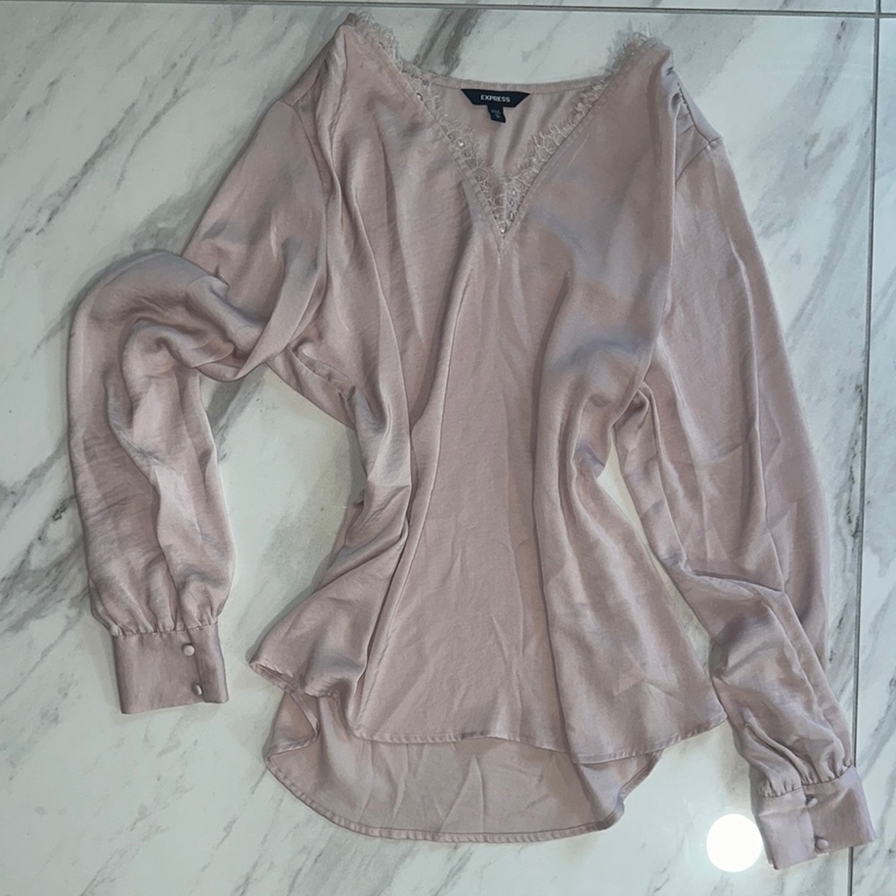 Express Pink Puff Sleeve Blouse Relaxed Asymmetrical